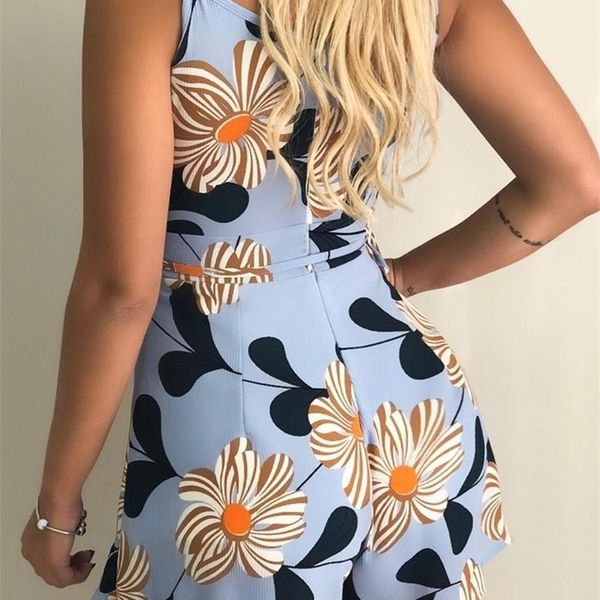 

blue v neck spaghetti straps floral print playsuit, Black;white