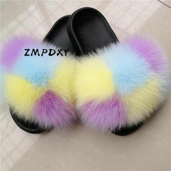 

slippers women's fur kids/children's real hair slides beach furry flip flops ladies indoor plush shoes fluffy sandals, Black