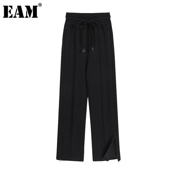 

[eam] high elastic waist black slit zipper strap casual trousers loose fit pants women fashion spring autumn 1dd7824 21512, Black;white