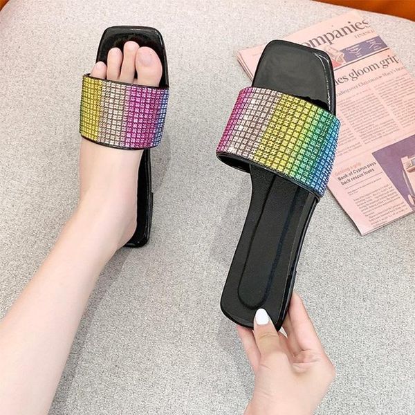

women crystal slippers 2021 summer women's square toe slides woman outdoor flats ladies casual footwear female shoes plus size, Black