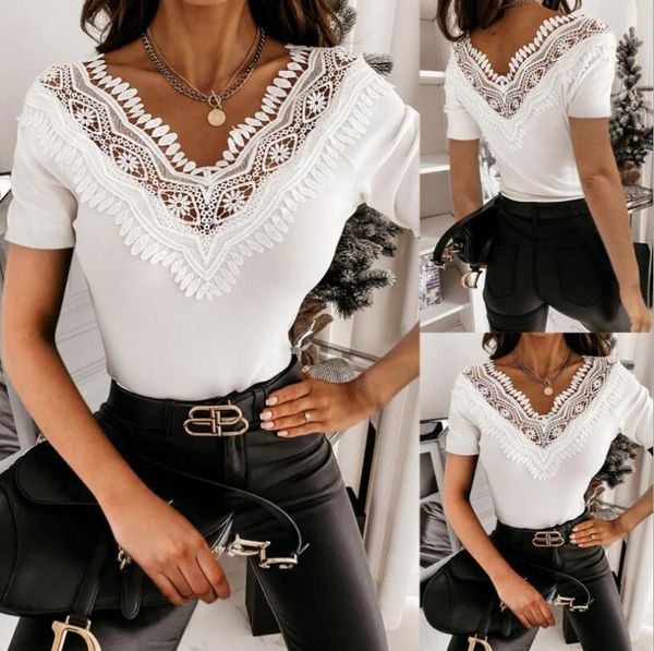 

summer solid color lace v-neck patchwork short sleeve t-shirt streetwear women woman tshirts women's, White