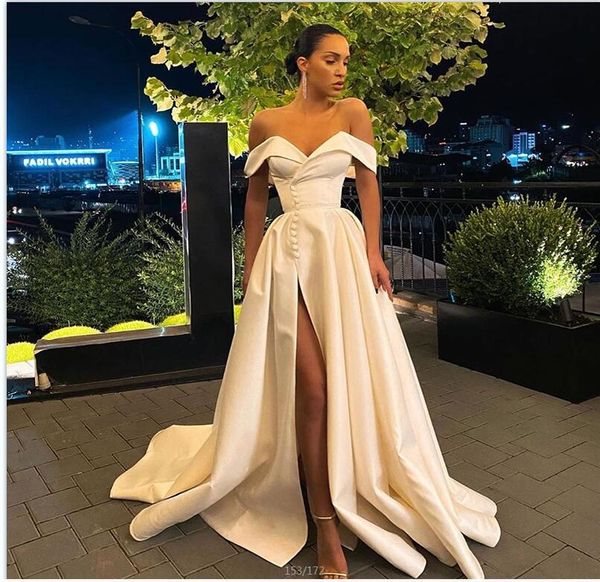 

charming v-neck prom dresses 2022 off-the-shoulder high split a-line satin long evening party gowns vestidos de gala, Black