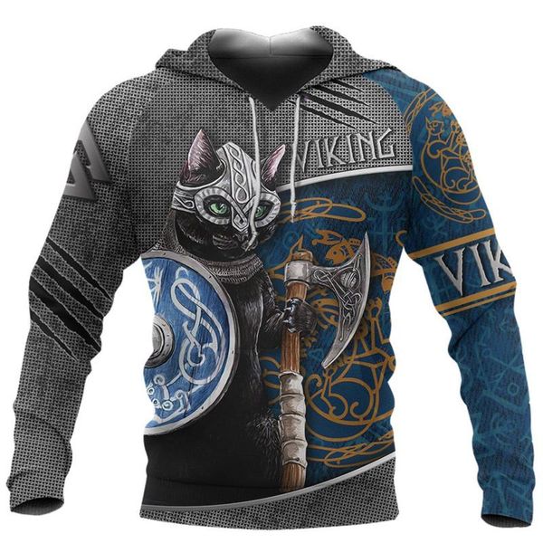 

men's hoodies & sweatshirts autumn and winter luxury pullover beautiful viking cat 3d full print fashion casual zipper hooded spo, Black