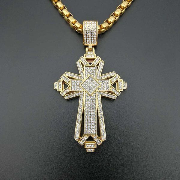 

pendant necklaces hip hop necklace bling iced out gold color stainless steel big cross pendants for men rapper jewelry, Silver