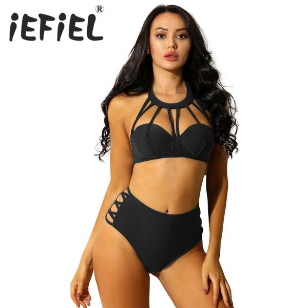 

one-piece suits women female bathing bikini set halter backless bra side criss cross hollow out high waist thong two pieces swimsuits
