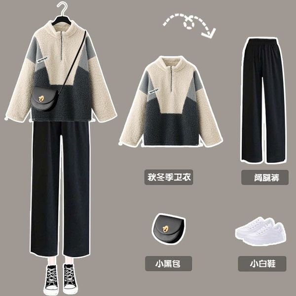 

women's tracksuits autumn winter korean women's suit plus velvet thick lamb wool loose sweatshirt + casual wide-leg pantstwo-piece, Gray