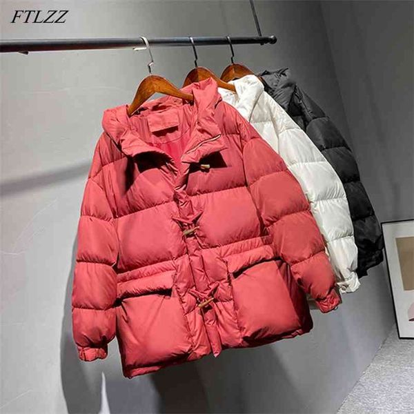 

winter women hooded horn button loose down parkas 90% white duck coat female thickness warm pocket snow outwear 210430, Black
