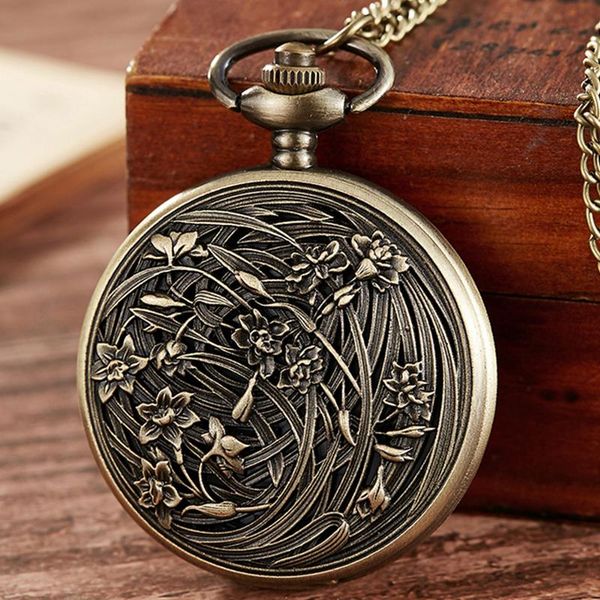 

pocket watches vintage bronze quartz watch fashion flower laser engraved fob chain necklace pendants flip clock, Slivery;golden