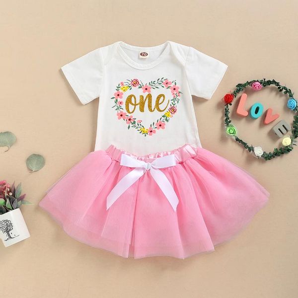 

baby girl outfits born first birthday party short sleeve romper pink tulle skirt dress girls sets clothing, White