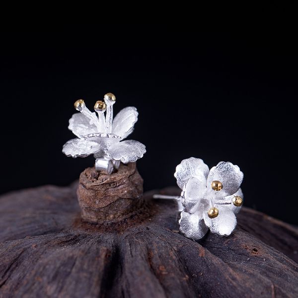 

100%925 sterling silver small flower stud earrings fine jewelry cute bloom studs earring for women student gifts, Golden;silver
