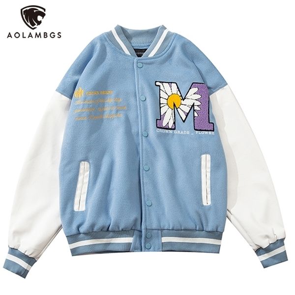 Aolamegs Furry Big Letter Daisy Flowers Patch Patchwork in pelle Giacca da baseball Uomo Autunno Bomber stile college Cappotto 211217