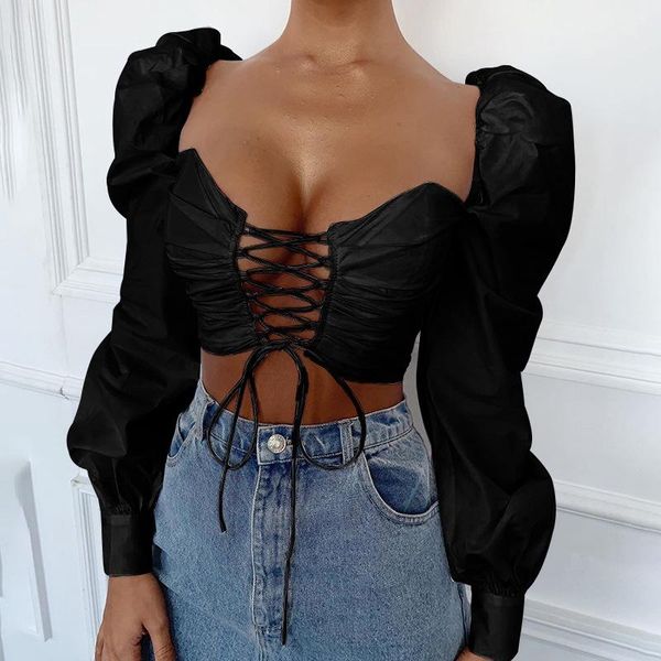 

women crop shirt long puff sleeve bandage hollow out clothes white black blouses 2021 fashion female streetwear women's & shirts