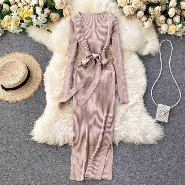 

autumn winter bodycon dress women slim long sleeve with belt bandage sweater es ladies knitted midi robe 210525, Black;gray