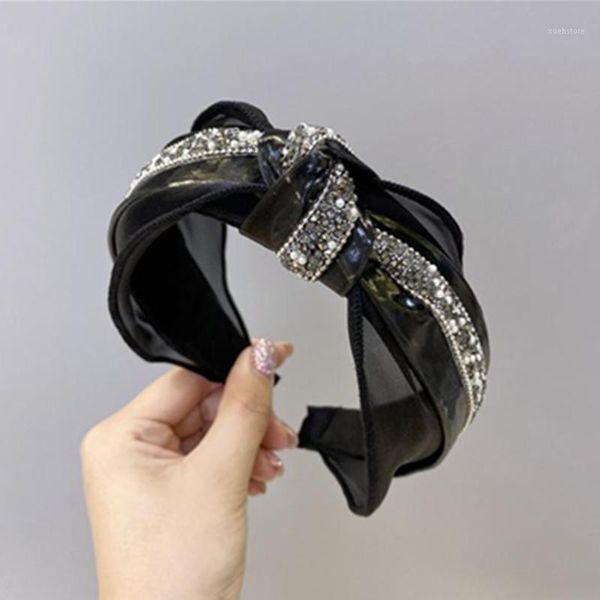 

black leather pearls crystals hairband for women hair ornament knot head band with chains decorated ladies headband1