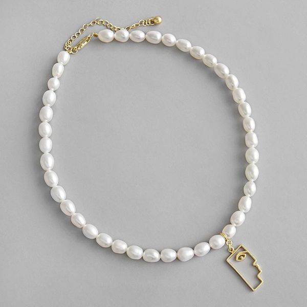 

natural freshwater pearl abstract face choker necklace women collares 2021, real 925 sterling silver chocker necklaces jewelry chokers, Golden;silver