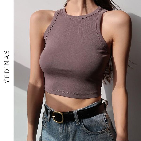 

yedinas cotton tank women white 2021 summer slim short vest off shoulder fitness crop solid korean style women's tanks & camis