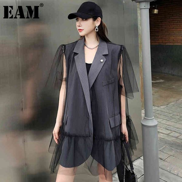 

[eam] women loose fit black mesh ruffles spliced big size vest lapel sleeveless fashion spring summer 1dd8413 21512, Black;white