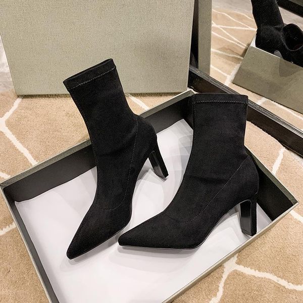 

boots boots, thin high-heeled elastic 2021 spring and cool suede heel pointed women's, Black