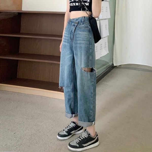 

women's jeans hole loose straight wide leg pants, Blue