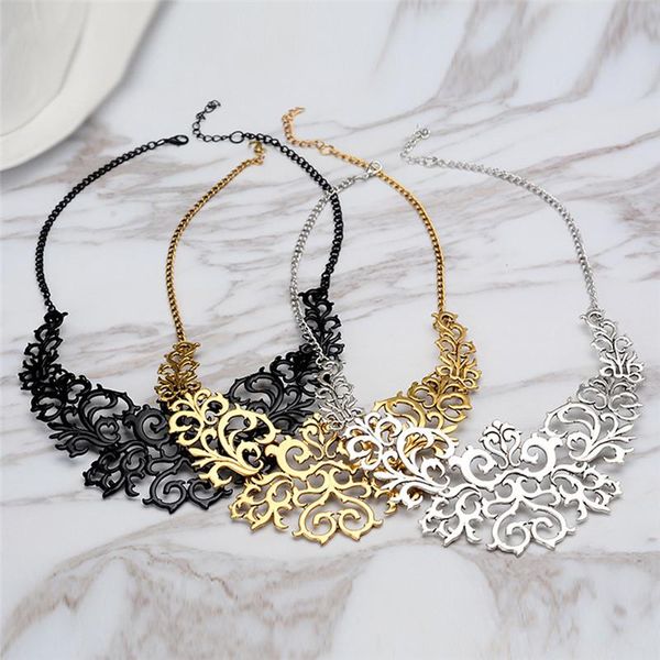 

female hollow out heart flower shaped choker necklace creative lace retro ethnic black silve gold women jewelry gift chokers, Golden;silver
