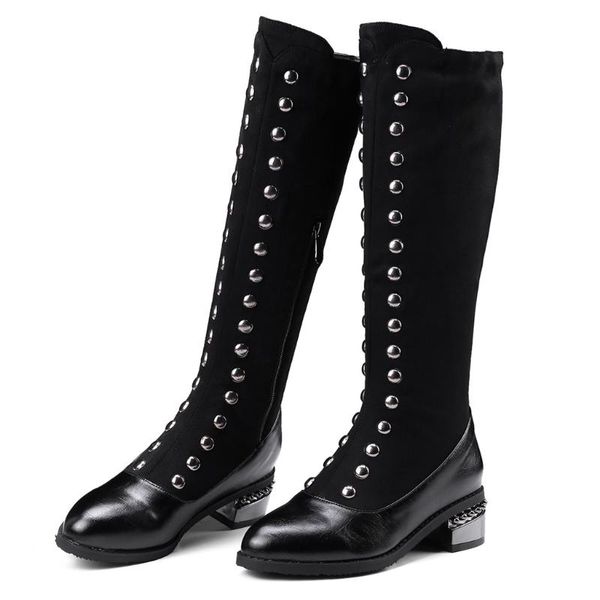 

boots thigh high women cool metal decoration thick socks plus size 35-45 female leather block motorcycle booties, Black