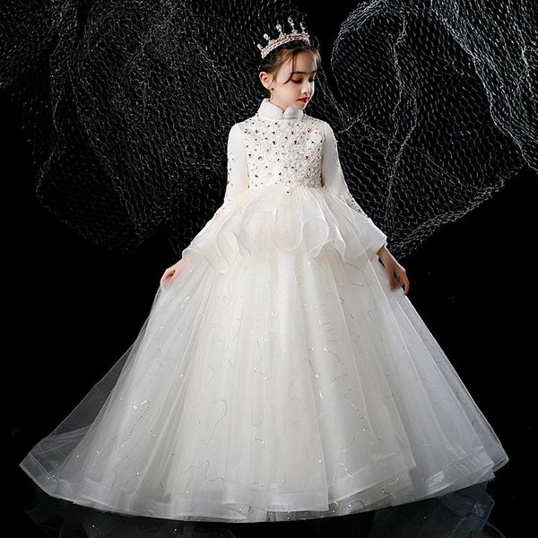 

girl's dresses ball gown full sleeves empire ruched floor-length high neck sequins kids party communion girl for weddings dh005, Red;yellow