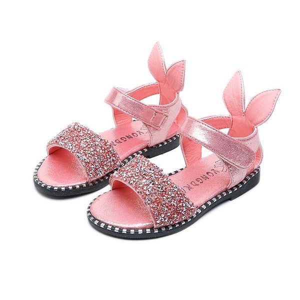 

baby girl sandals fashion bling shiny rhinestone girls shoes with ear kids flat pink student, Black;red