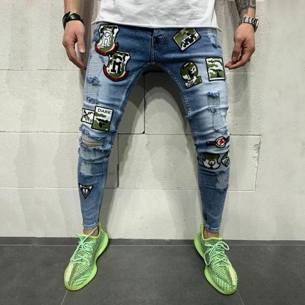 

men's jeans badge decoration broken hole male elastic hip hop slim motorcycle skinny the pencil pants, Blue