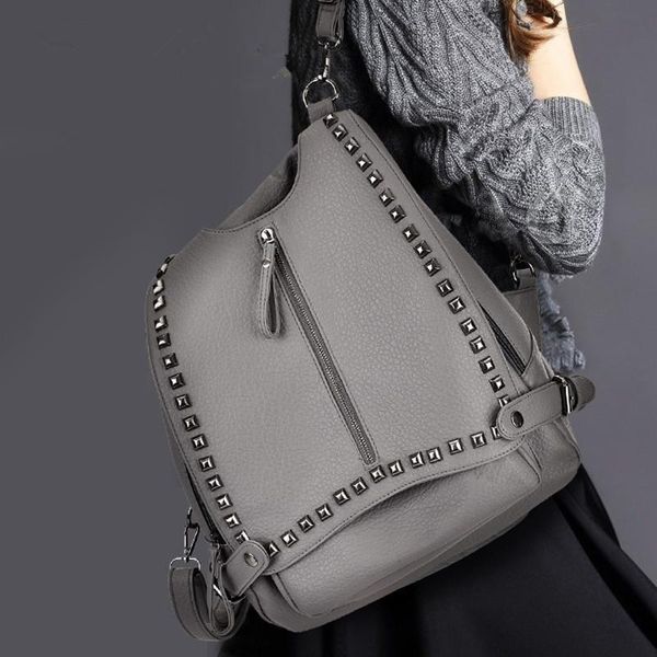 

backpack rivet large capacity simple fashion washed soft leather shoulder bag female travel school pu