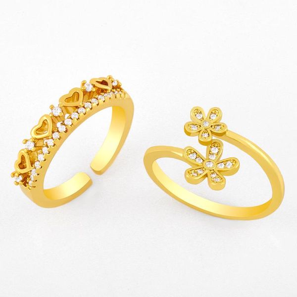 

cluster rings flola gold vermeil heart cuff open for women rhinestone adjustable flower finger ring cz zirconia stackable jewelry rigk26, Golden;silver