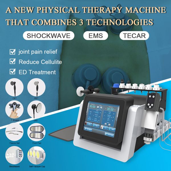 3 em 1 Portable Tecar + EMS + onda de choque para fisioterapia EMS Estimulação muscular Shockwave Ed diatermy Indiba Tecar 448KHz emagrecimento dor de alívio da dor