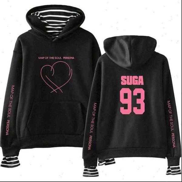 

jimin j hope jun kook women sweatshirts suga fake two pieces menkpop soul map person bangtan boys hit hop streetwear, Black