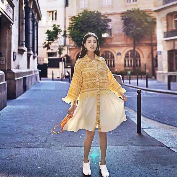 

2021 new yellow autumn plaid patchwork twist loose medium term shirt es women tx62, Black;gray