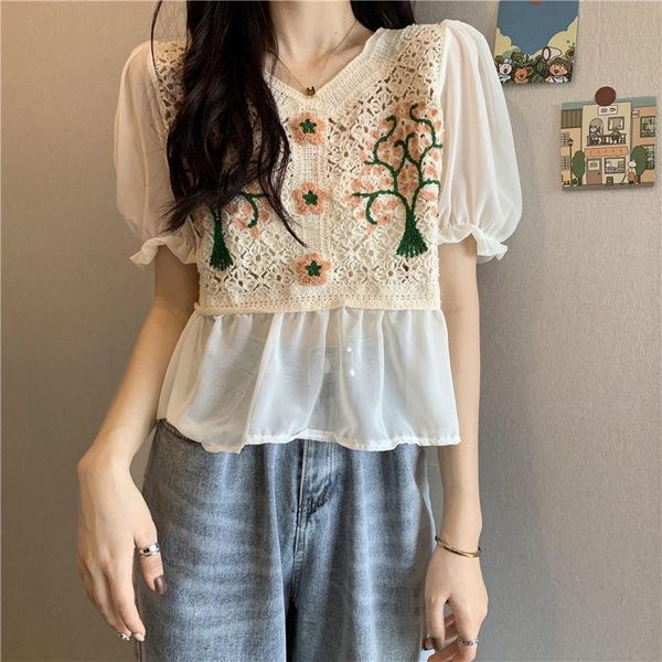 

women's t-shirt woven flower chiffon short sleeve summer 2021 sweet hollow out embroidery bubble v-neck, White