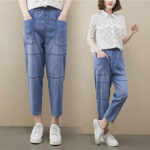 

women's jeans ice silk loose denim korean fashion joggers vintage summer sweatpants clothing pants trousers for female vetement 2021, Blue