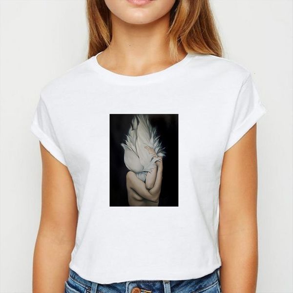 

feather flower girl hipster spring womens t shirts summer tee easy matching vestidos round neck, White