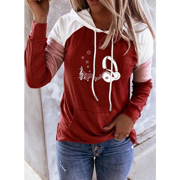 

women's hoodies & sweatshirts music note headphone stars print pocket splice women kawaii femmes spring autumn art lover gift sweatshir, Black