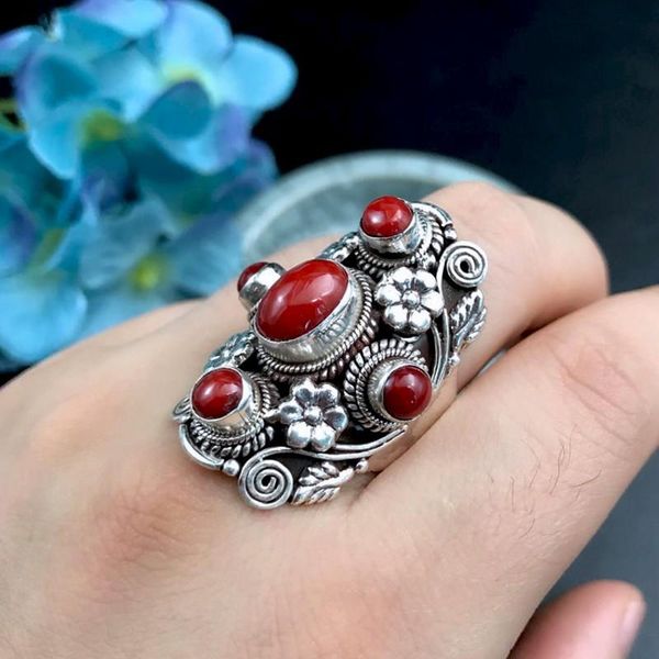 

cluster rings 100% real pure s925 silver woman ring handmade natural organic gemstones tibetan vintage jewelry, Golden;silver