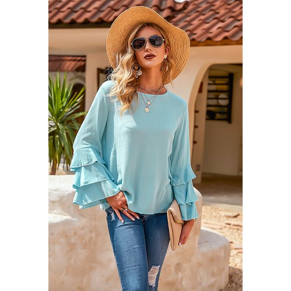 

2021 new wis women's ruffle long sleeve round neck solid color t-shirt for women, Black;gray