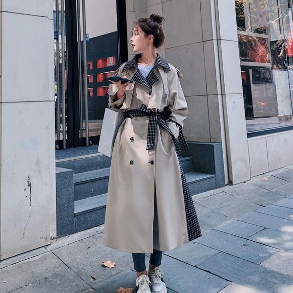 

women's trench coats windbreaker long spring autumn 2021 korean loose lapel beige plaid stitching lining double breasted fashion coat 8, Tan;black
