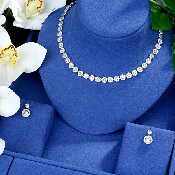 

earrings & necklace be 8 round shape wedding bridal cz choker earring jewelry sets luxury dubai white gold jewellery bijoux femme s509, Silver