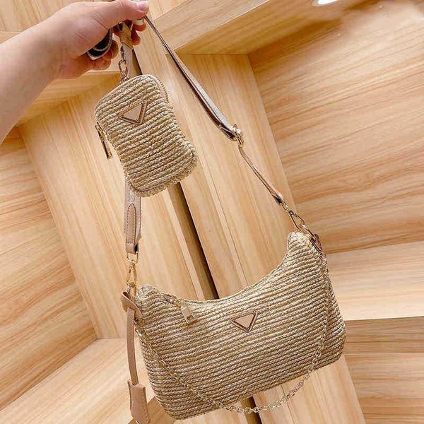 

large-capacity handbags2021 straw three-in-one messenger bag nylon waterproof chain wide shoulder strap purse fashion hobo