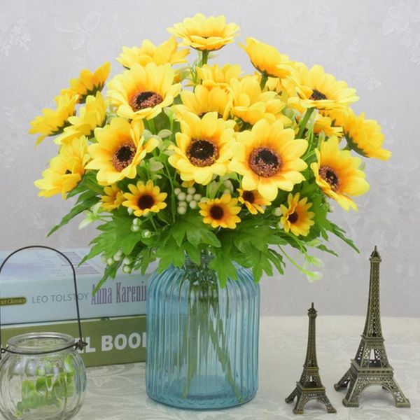 

cute 1 bunch 6 heads sunflower silk artificial flower bouquet for home wedding decoration living room party table window decor decorative fl