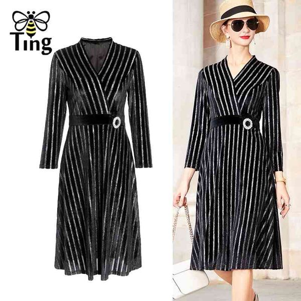 

vintage women winter autumn strip black velvet knee length dress retro v neck office work with crystal belt plus s 210513, Black;gray
