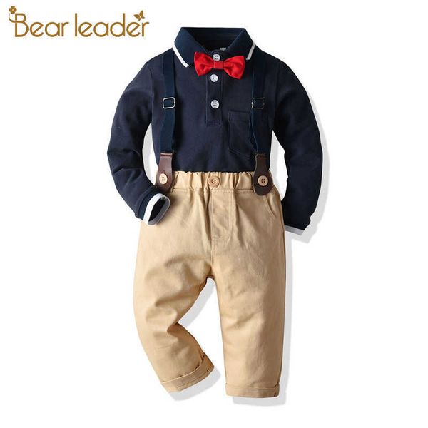 Urso Líder Boys Roupas Conjuntos Outono Crianças Bebê Suspender Roupas Criança Bebê Bowtie Suits Festa Festas Cafés Bonitos 210708