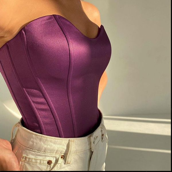 

corset bustier solid satin women camis night club party y2k crop basic overbusst blouse, White