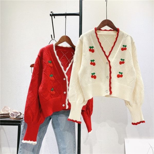 

women's knits & tees pastoral girly style little cherry short sweater jacket women new korean student cardigan u6m7, White