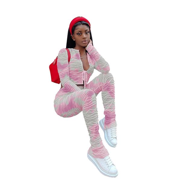 

autumn women tie-dye matching sets deep v-neck long sleeve crop +stacked leggings set women tracksuit 2 piece set 210414, White