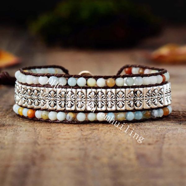 Regolabile a tre file in pelle Boho Wrap Strands Bracciale fatto a mano Rotondo Amazzonite naturale Healing Quartz Crytsal Stone Tube Lega Fiore Braccialetti con perline Unisex