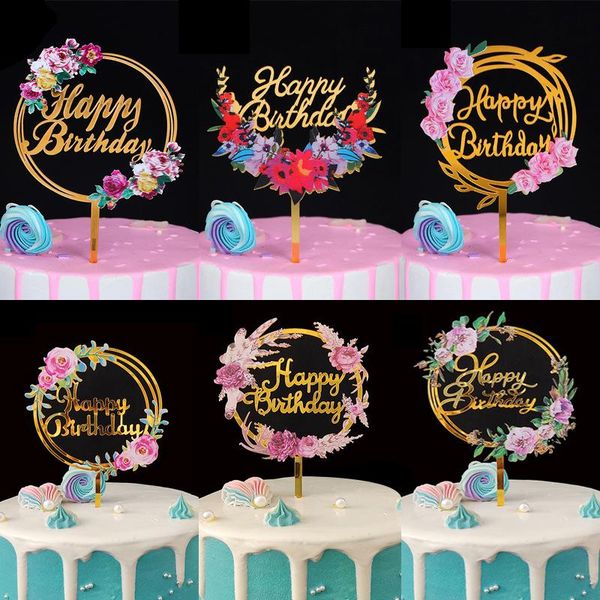 

other event & party supplies ins delicated multicolor printing flower acrylic cake card insertion happy birthday wedding anniversary decorat